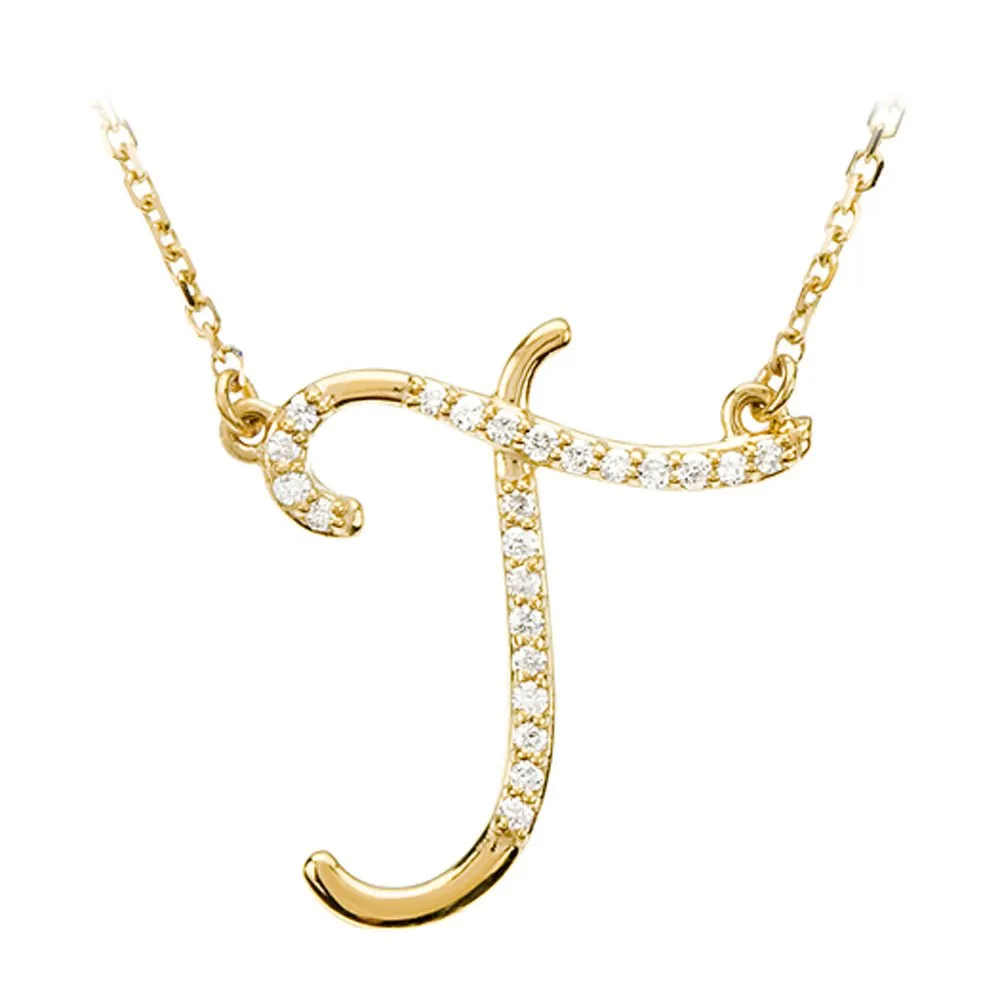 1/8 Ctw Diamond 14k Yellow Gold Medium Script Initial T Necklace, 17in