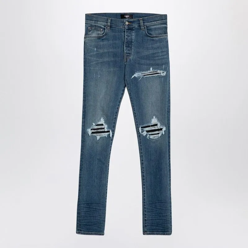 AMIRI Distressed Blue Skinny Jeans with Leather Accents