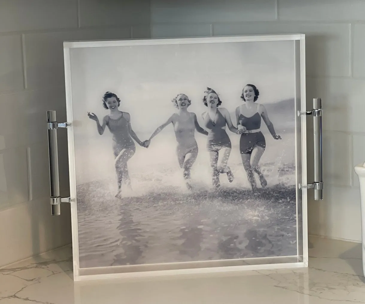 Black & White Retro Beach Ladies Acrylic Tray with Acrylic Handles