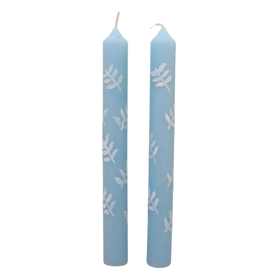 Blue and white leaf straight hand painted dinner candle