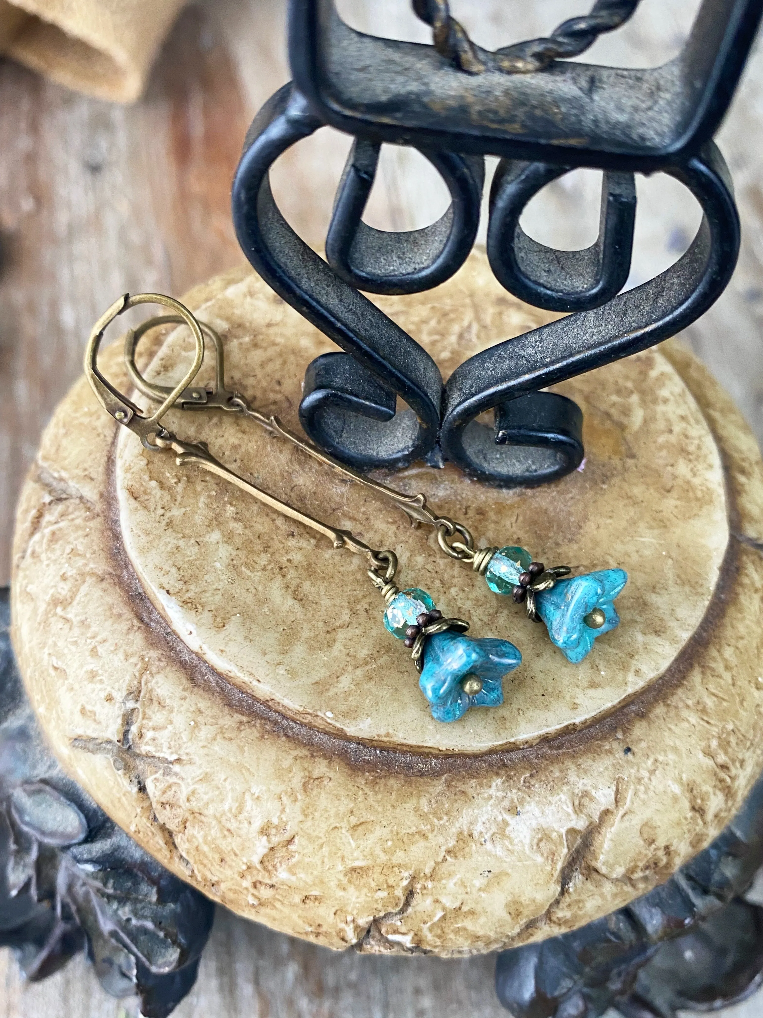 Blue flower Czech glass, teal Czech glass, bronze metal, earrings