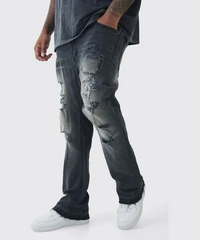 boohooMAN Mens Plus Skinny Stretch Stacked Flared Ripped Jeans