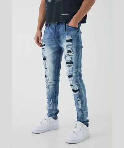 boohooMAN Mens Skinny Stretch Ripped Jeans