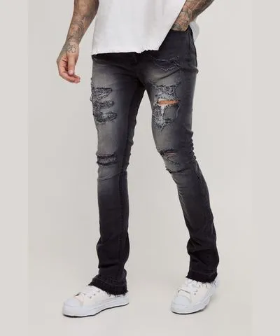 boohooMAN Mens Tall Skinny Stretch Stacked Flared Ripped Jeans