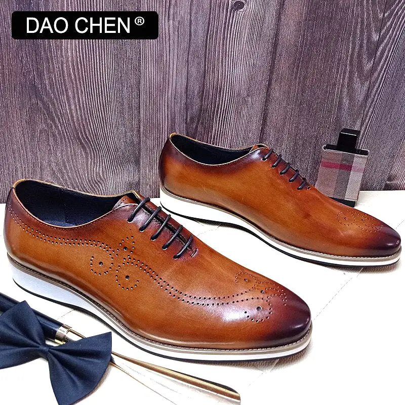 Brown Casual Leather Lace up Outdoor Daily Dress Shoes