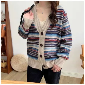 Cardigan Crop Top Sweater Stripe Cardigans Korean Fashion Loose Oversized Sweater Casual Long Sleeve Tops Winter Clothes Women's