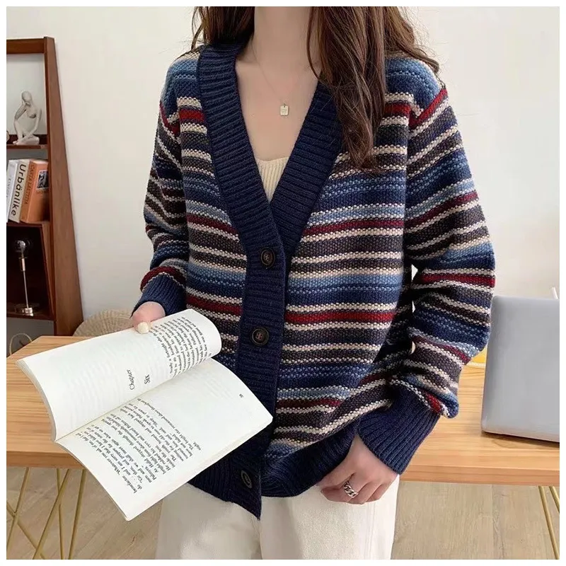 Cardigan Crop Top Sweater Stripe Cardigans Korean Fashion Loose Oversized Sweater Casual Long Sleeve Tops Winter Clothes Women's