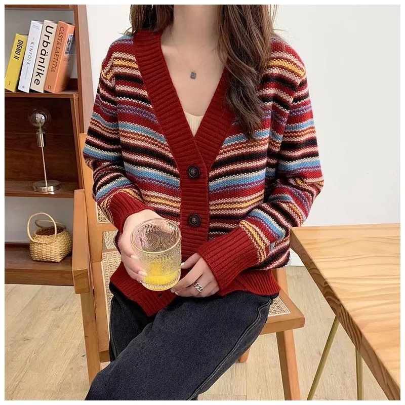 Cardigan Crop Top Sweater Stripe Cardigans Korean Fashion Loose Oversized Sweater Casual Long Sleeve Tops Winter Clothes Women's