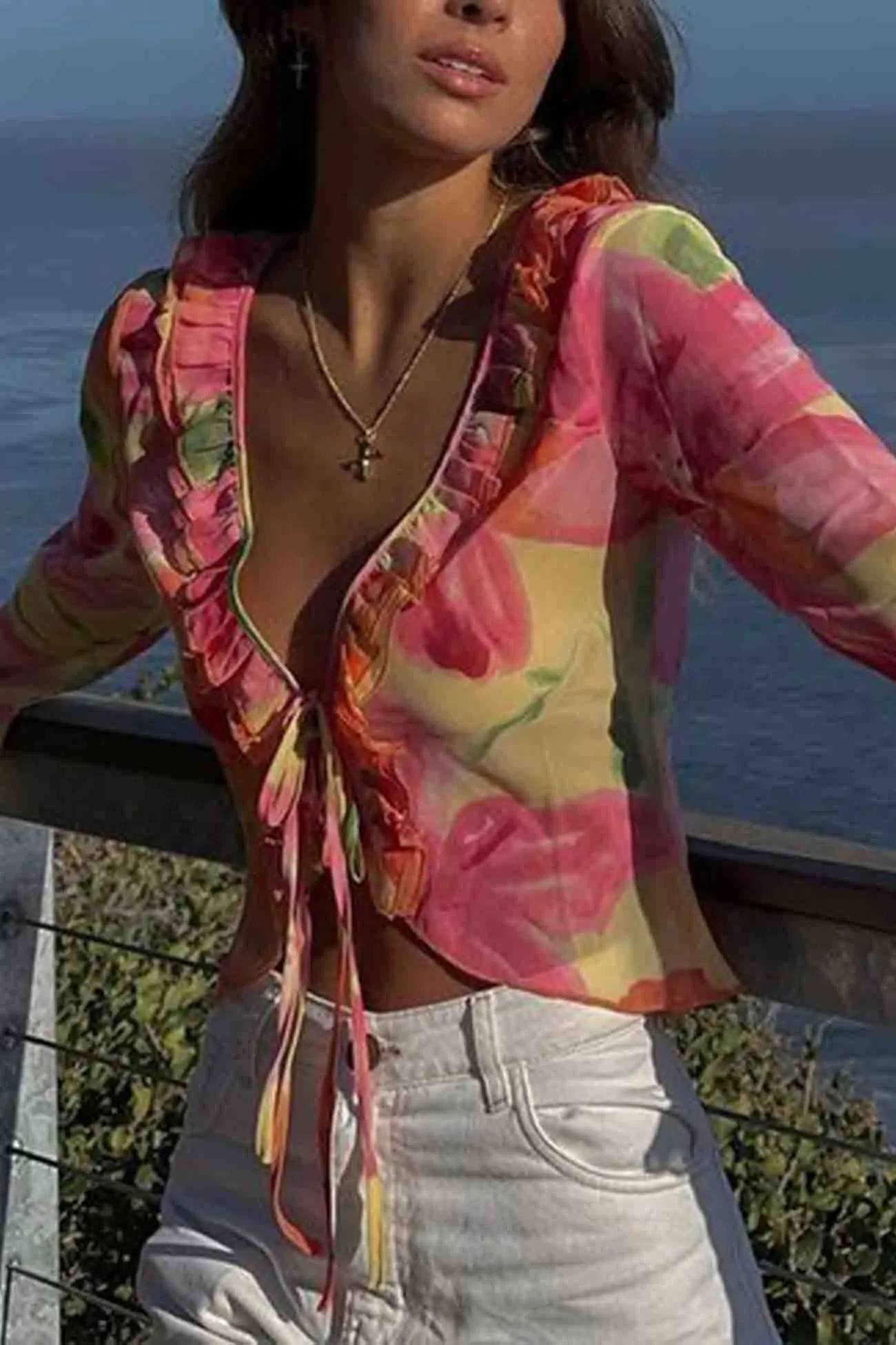 Floral V Neck Ruffled Long Sleeve Tops