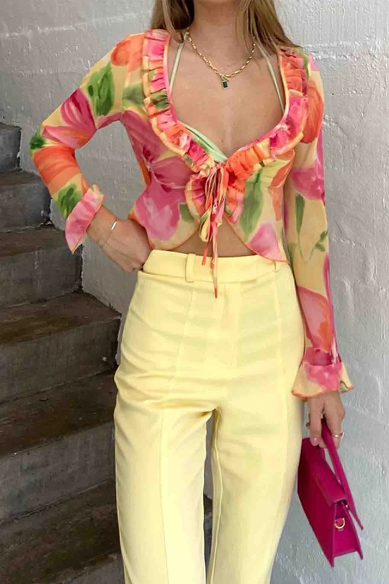 Floral V Neck Ruffled Long Sleeve Tops