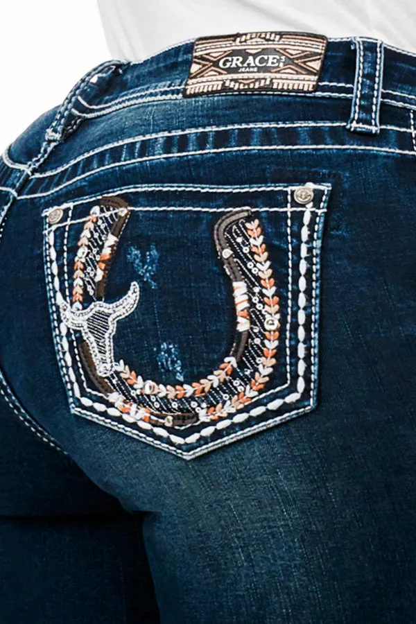 Horse Shoe Embellishment Mid Rise Bootcut Jeans