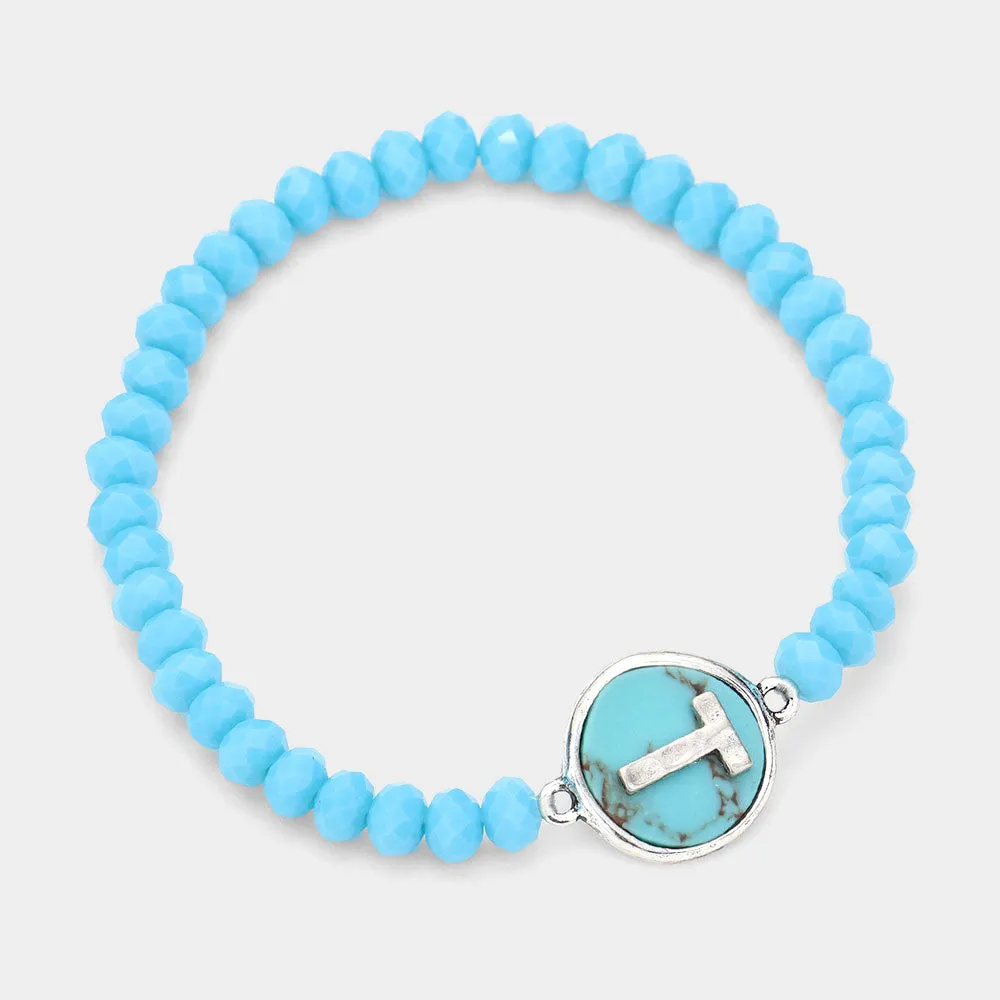 iLLASPARKZ -T- Monogram Turquoise Charm Faceted Beaded Stretch Bracelet