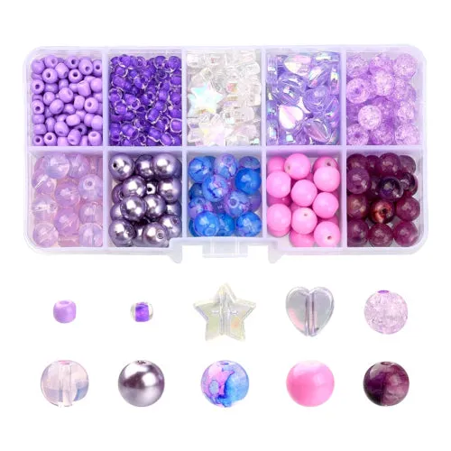 Jewelry Making Kit, Purple, Hearts, Stars, Round, Acrylic And Glass Beads