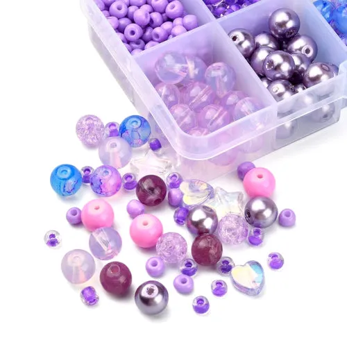 Jewelry Making Kit, Purple, Hearts, Stars, Round, Acrylic And Glass Beads