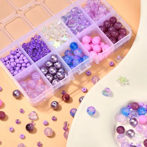 Jewelry Making Kit, Purple, Hearts, Stars, Round, Acrylic And Glass Beads