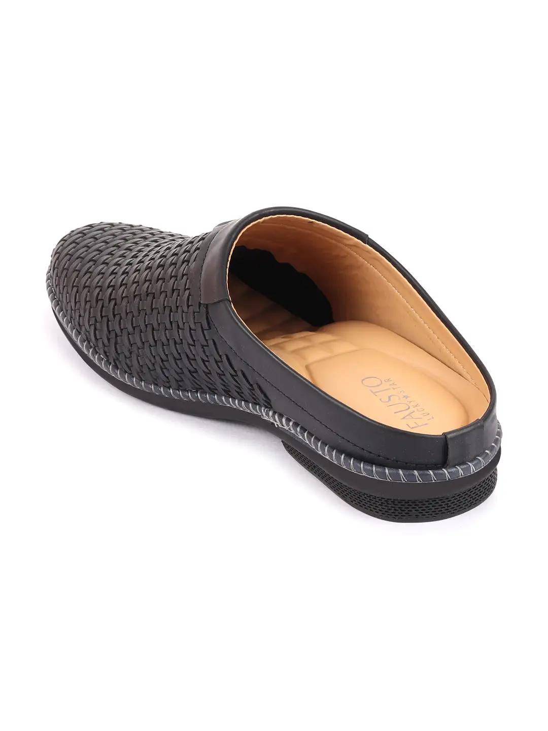 Men Navy Blue Back Open Knit Design Stitched Ethnic Casual Mules