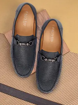 Men Navy Blue Horsebit Buckle Embossed Casual/Dress Loafer Shoes