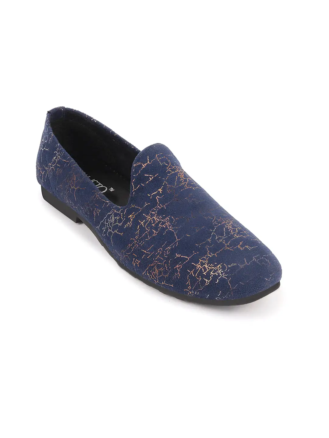 Men Navy Blue Velvet Printed Design Ethnic Wedding Party Prom Slip On Loafer Shoes