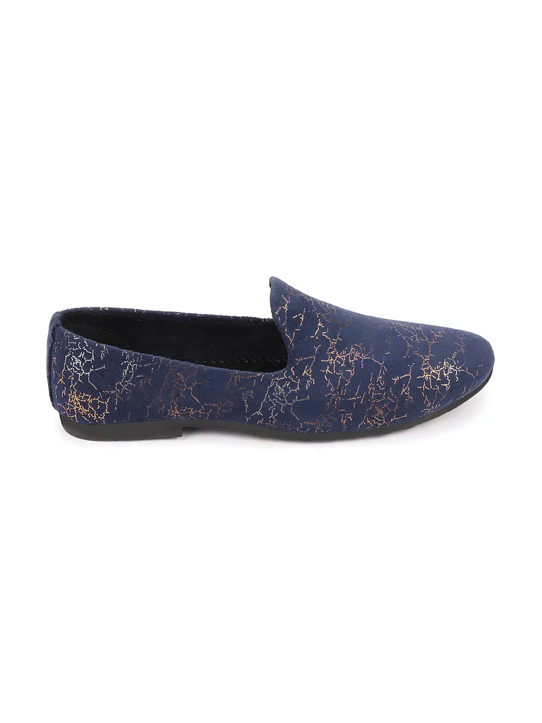 Men Navy Blue Velvet Printed Design Ethnic Wedding Party Prom Slip On Loafer Shoes