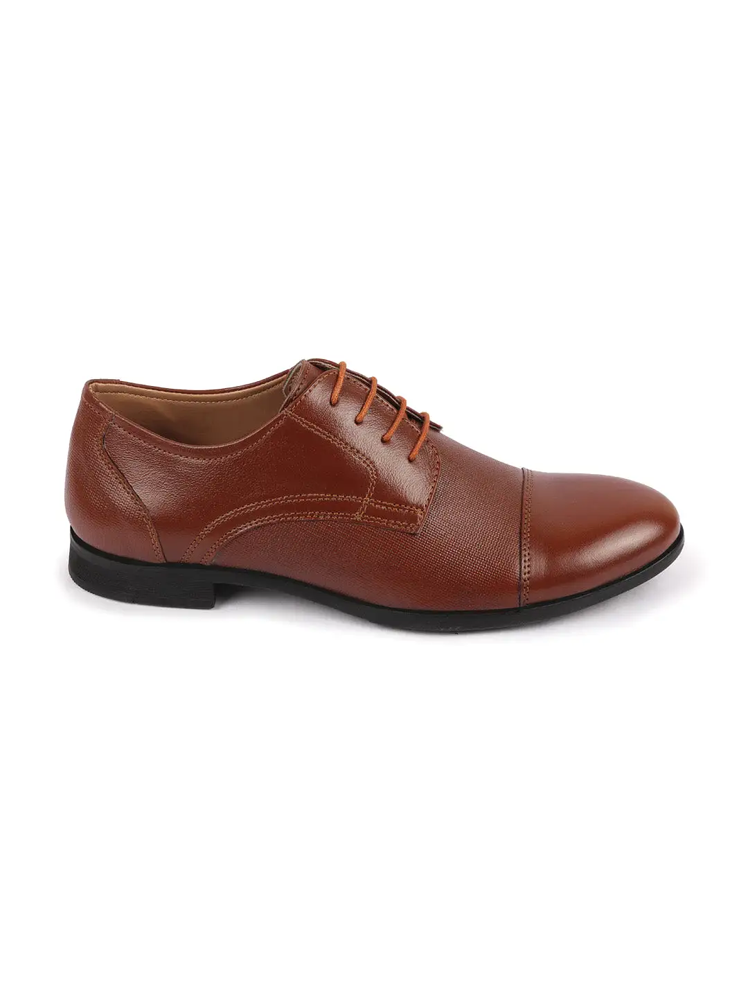 Men Tan Formal Office Textured Design Cap Toe Genuine Leather Lace Up Shoes