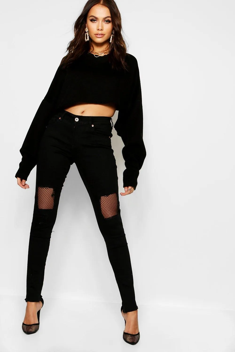 Mid Rise Fishnet Detail Ripped Skinny Jeans