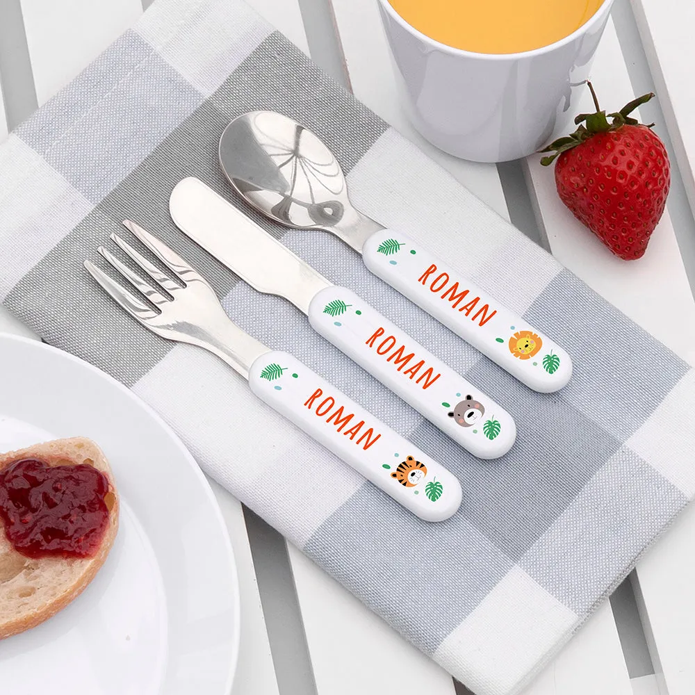 Personalised Kids Jungle Animal Cutlery Set - Metal