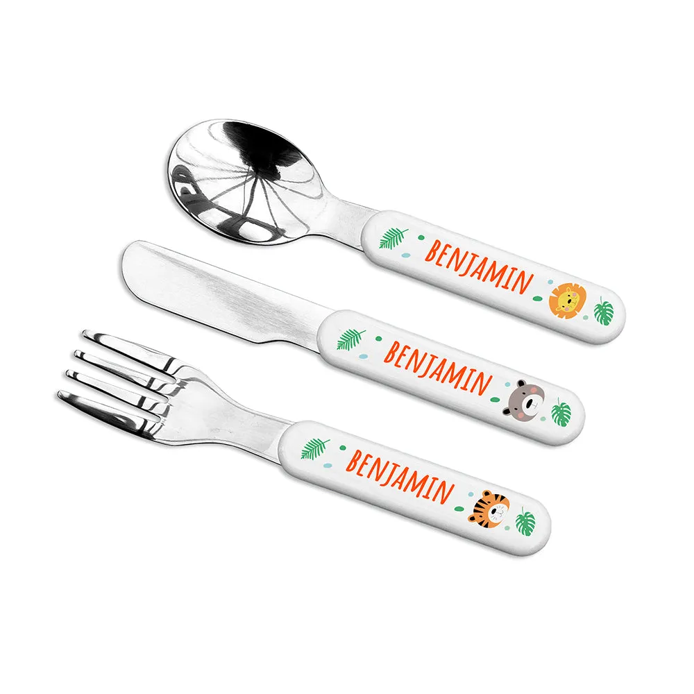 Personalised Kids Jungle Animal Cutlery Set - Metal