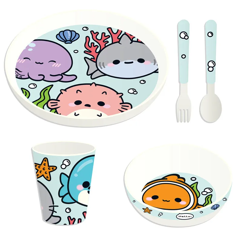 Recycled RPET Set of 5 Kids Cup, Bowl, Plate & Cutlery Set - Adoramals Sealife RPSET04