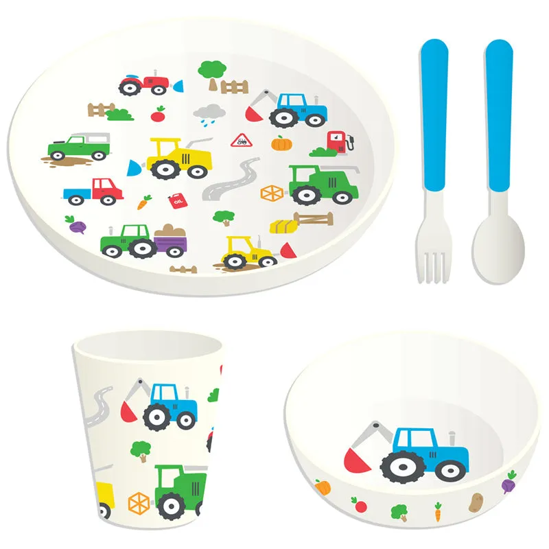 Recycled RPET Set of 5 Kids Cup, Bowl, Plate & Cutlery Set - Little Tractors RPSET02