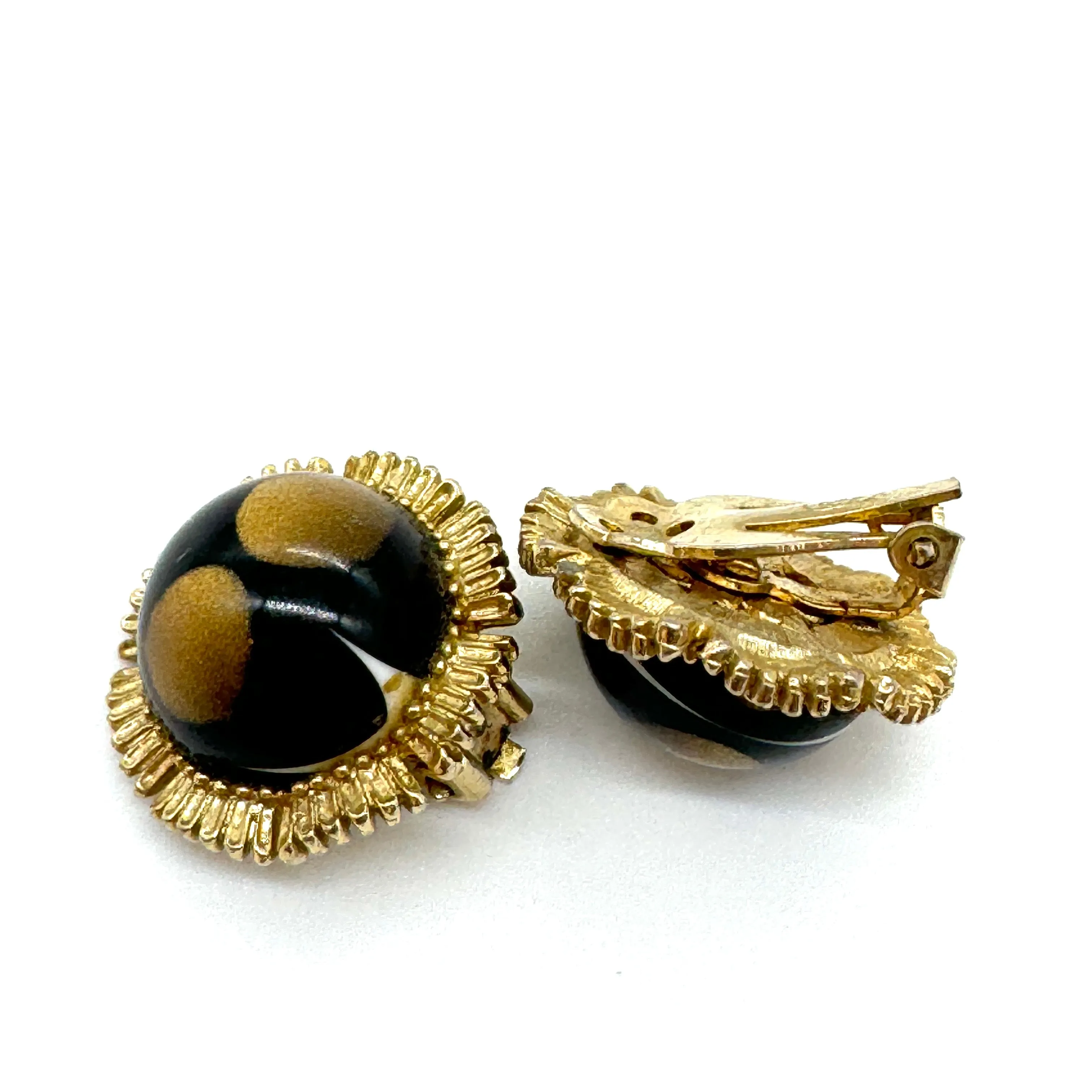 Signed 'Coro' Black & Gold Moonglow Clip On Earrings - Estate