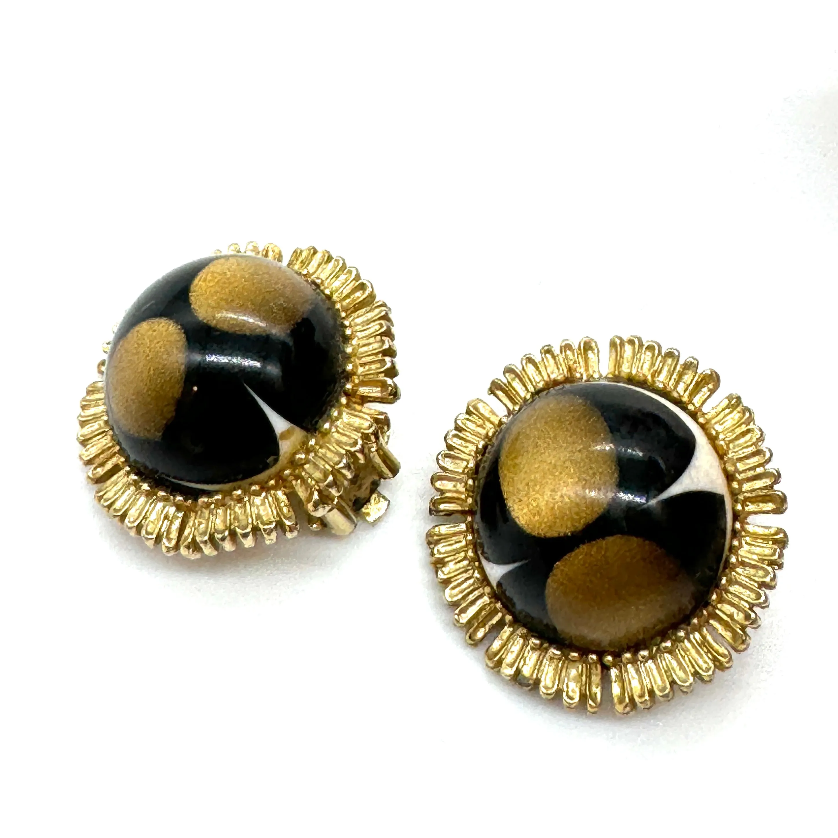 Signed 'Coro' Black & Gold Moonglow Clip On Earrings - Estate