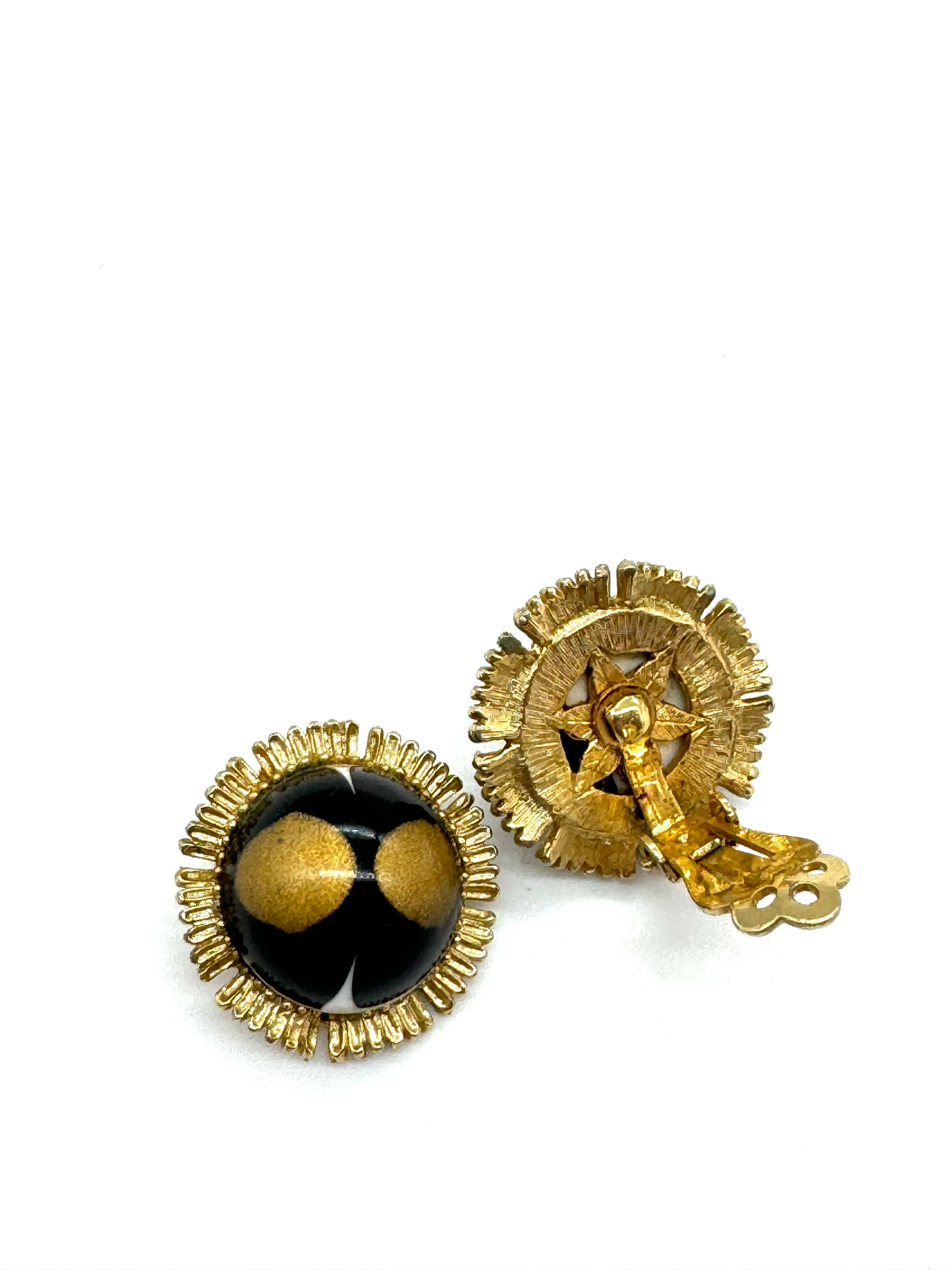 Signed 'Coro' Black & Gold Moonglow Clip On Earrings - Estate