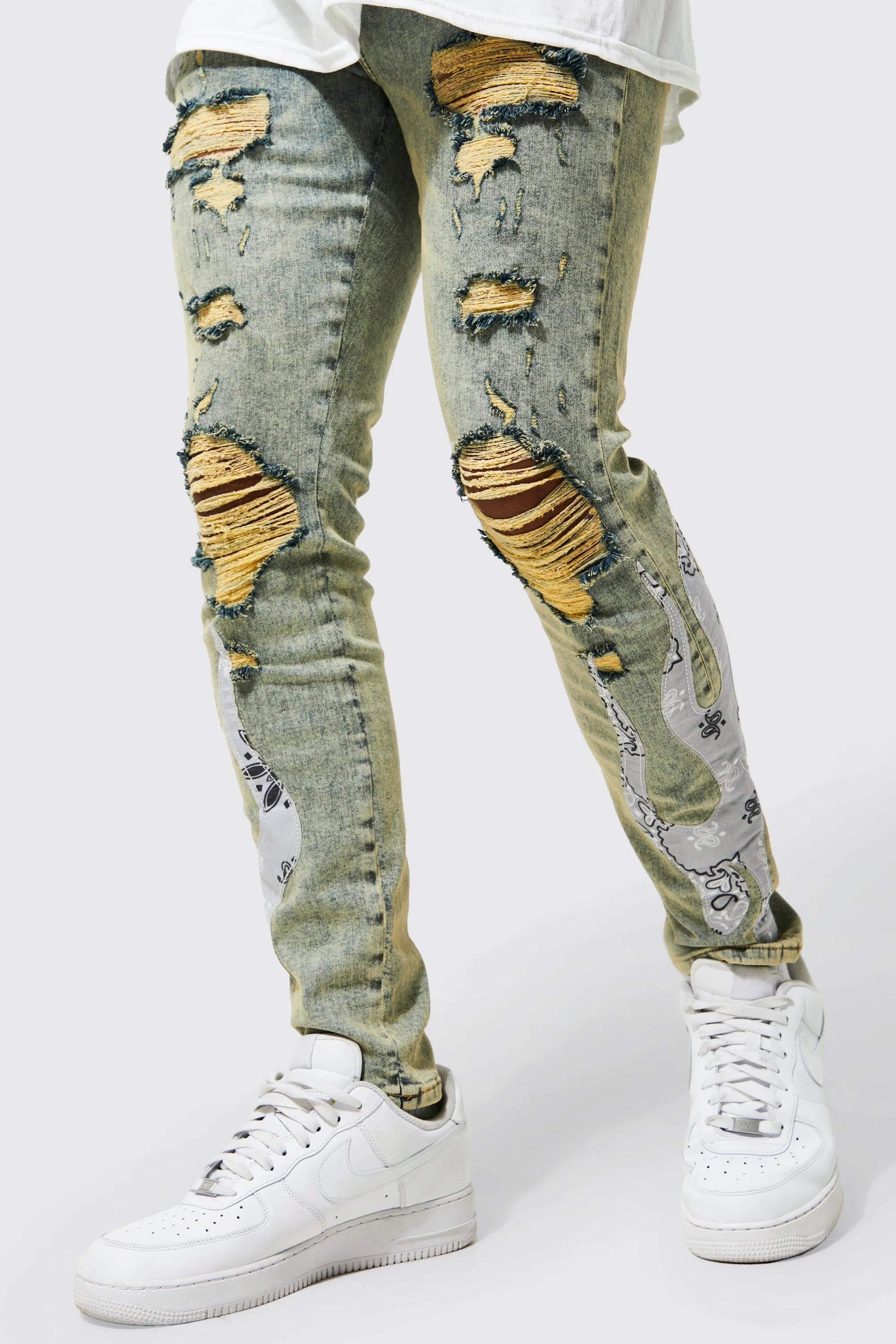 Skinny Stretch Bandana Flame Ripped Jeans