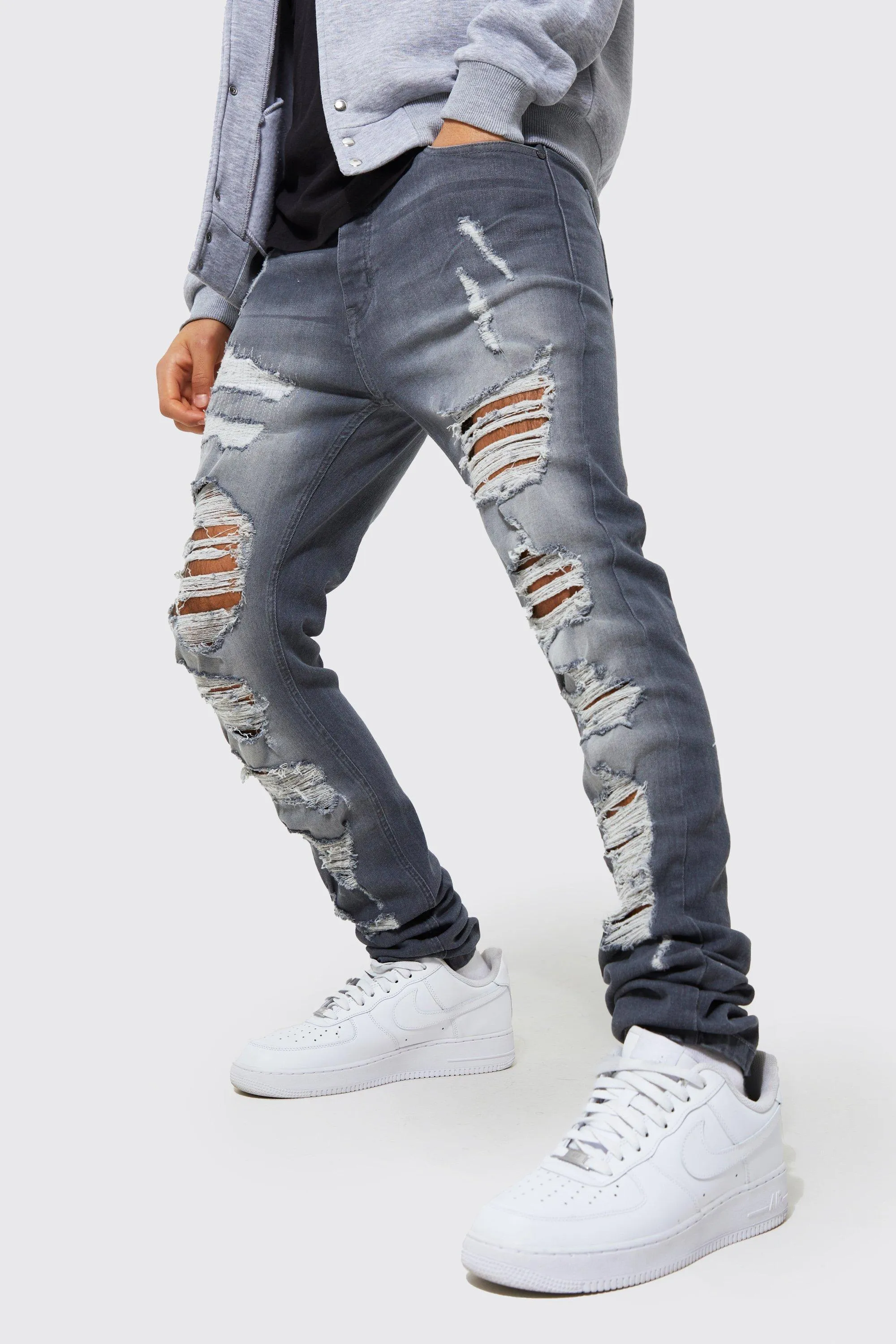 Skinny Stretch Stacked Leg Multi Ripped Jeans