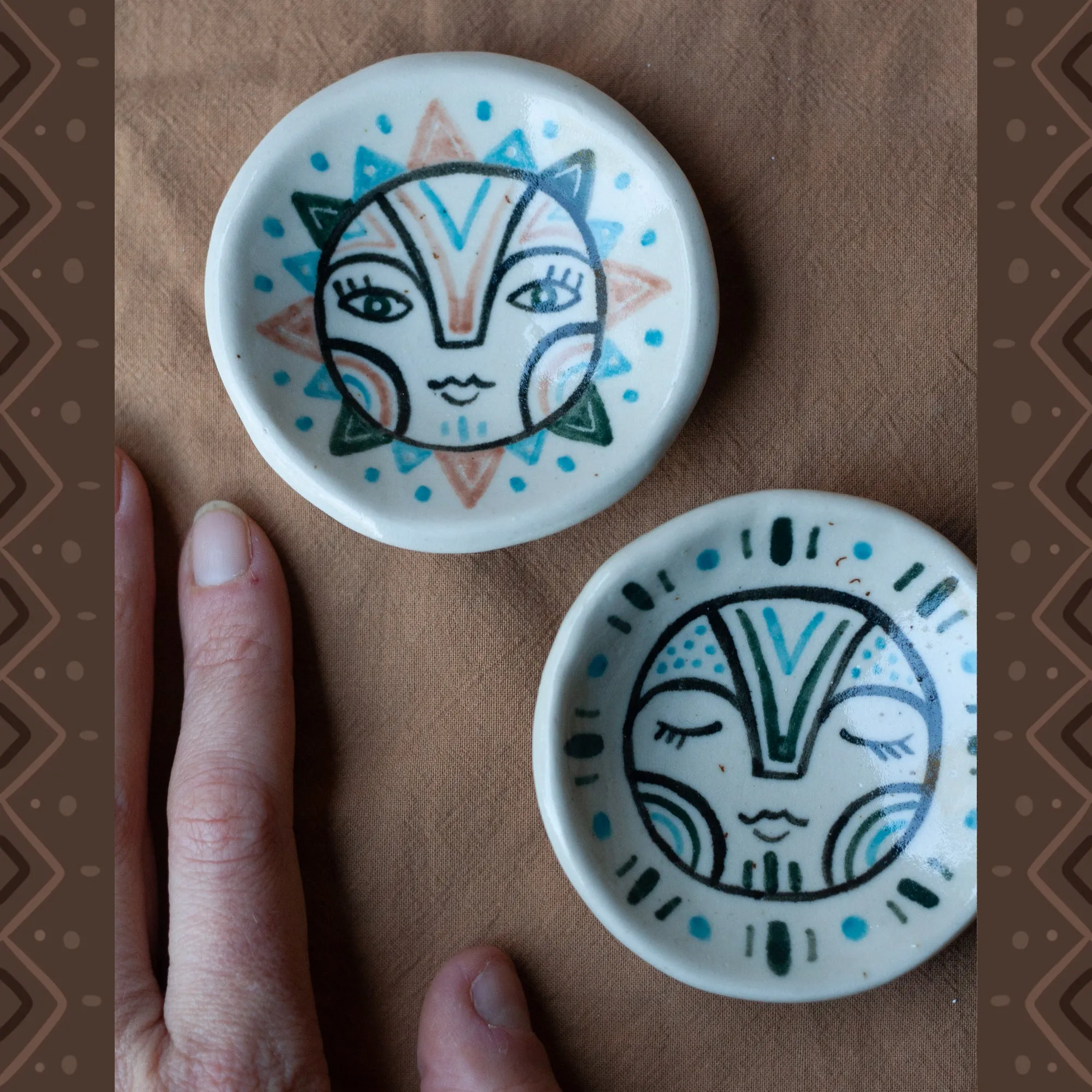 Tiny Pair of Dipping/Incense Bowls - Sun and Moon