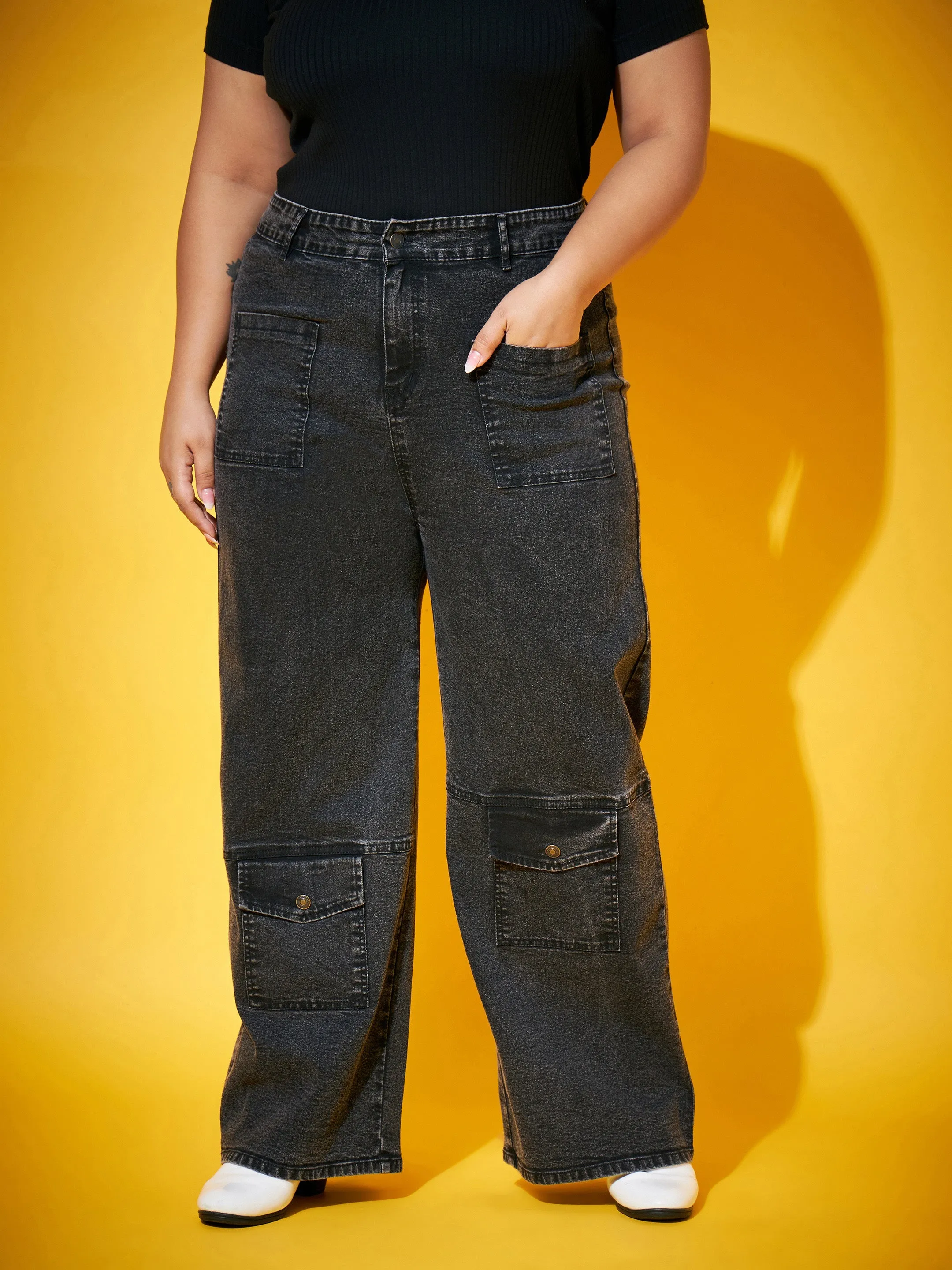 Women Black Acid Wash Multi Pocket Straight Jeans