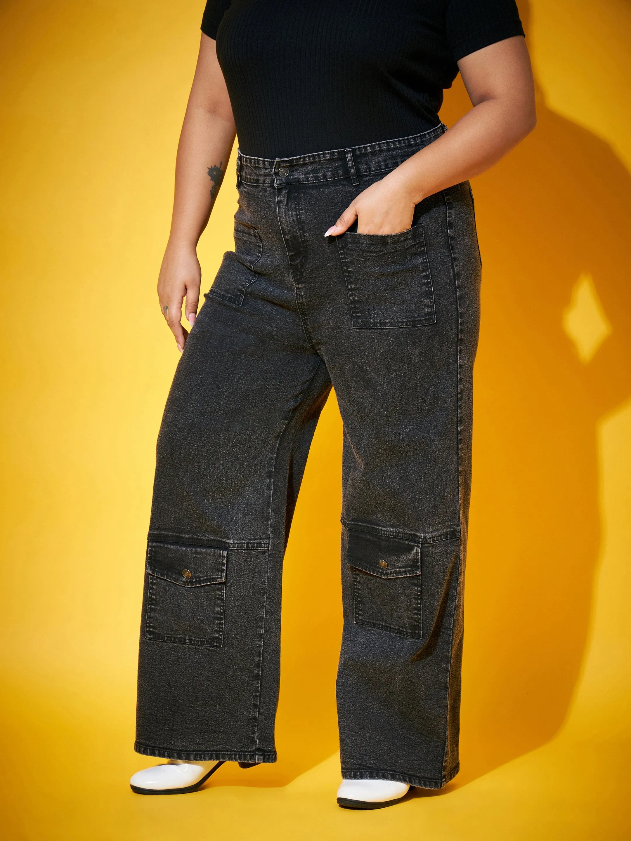 Women Black Acid Wash Multi Pocket Straight Jeans