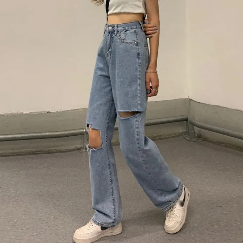 Women High Waist Casual Ripped Jeans Korean Style All-match Loose Ladies Denim Wide Leg Pants