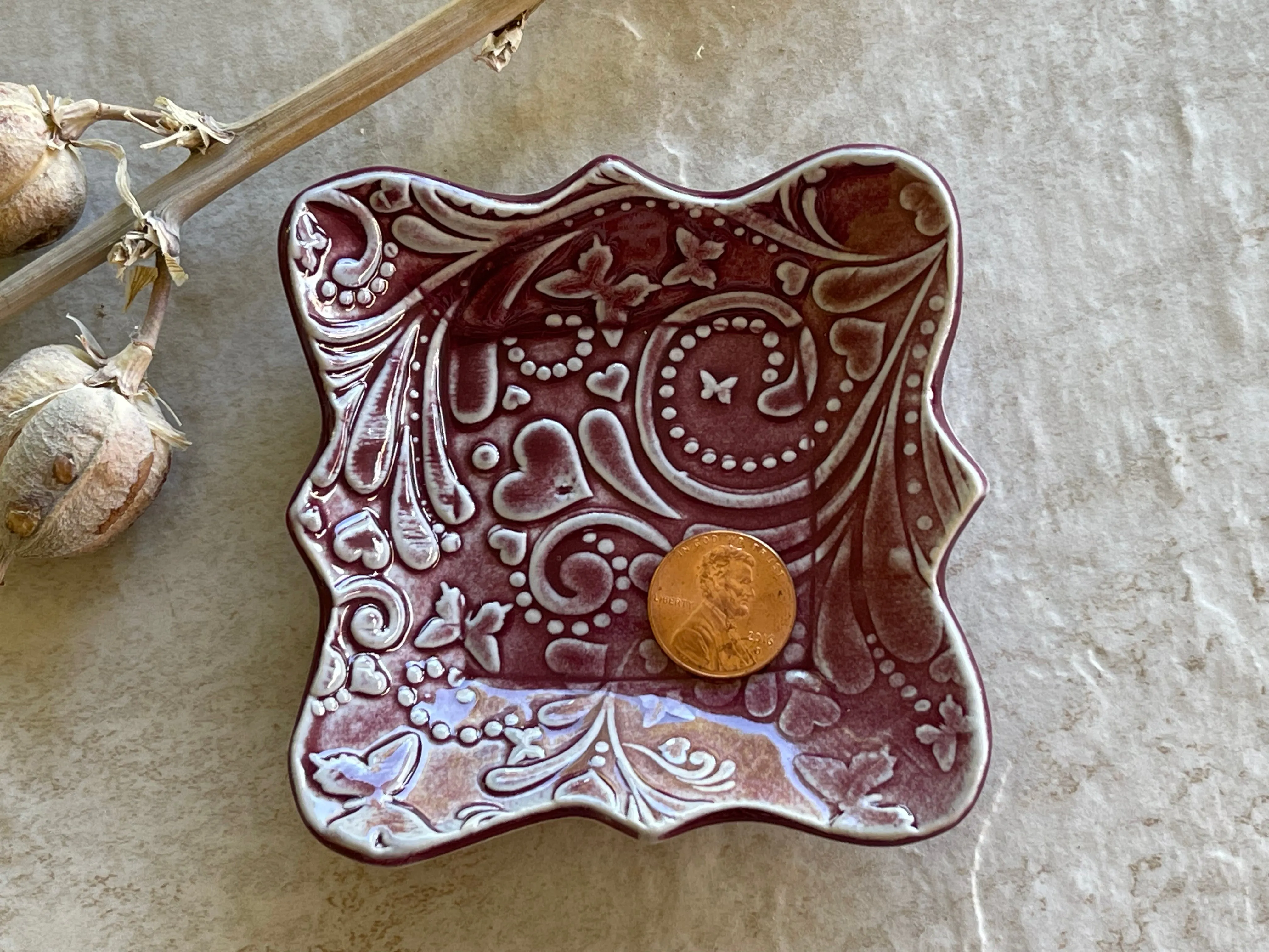 Womens Jewelry Storage, Burgundy Ring Dish, Contemporary Trinket Tray, Porcelain Tray