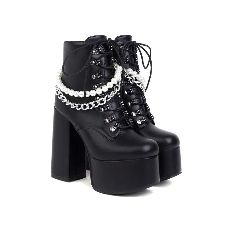 Women's Pu Leather Lace Up Metal Pearls Chains Block Chunky Heel Platform Riding Ankle Boots