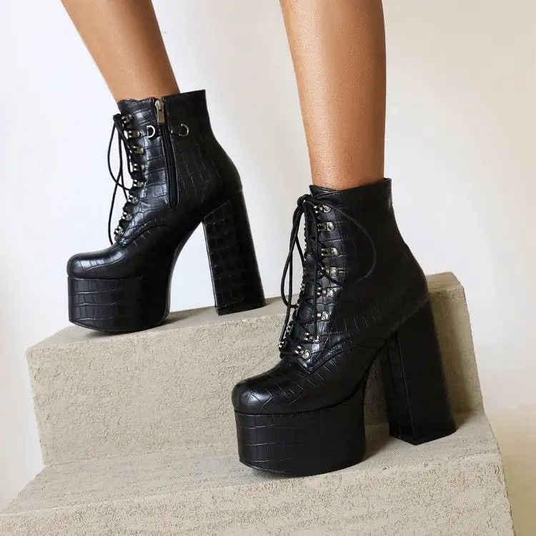 Women's Pu Leather Lace Up Metal Pearls Chains Block Chunky Heel Platform Riding Ankle Boots