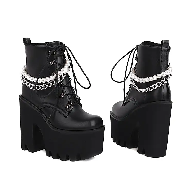 Women's Pu Leather Lace Up Metal Pearls Chains Block Chunky Heel Platform Riding Ankle Boots